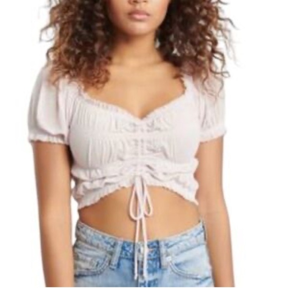 GARAGE Delicate soft pale sheer light Lavender Ruched Crop Top 4 - Picture 3 of 6